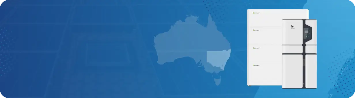 Battery storage units with a map of Australia symbolizing solar energy solutions