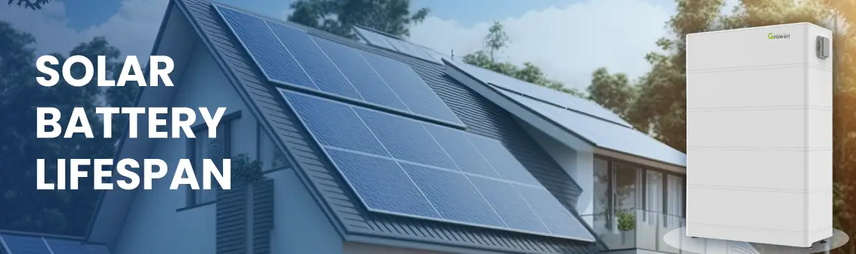 House with solar panels and a ‘Growatt’ battery, highlighting ‘Solar Battery Lifespan