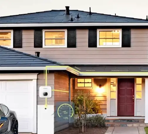 House with integrated solar roof tiles and energy management system