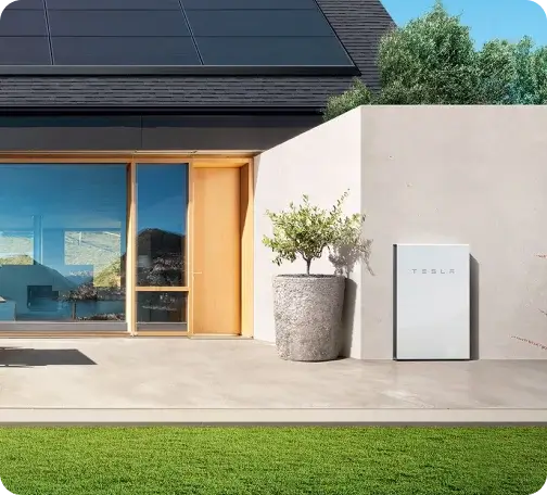 House with Fortune Solar panels installed and Tesla battery system