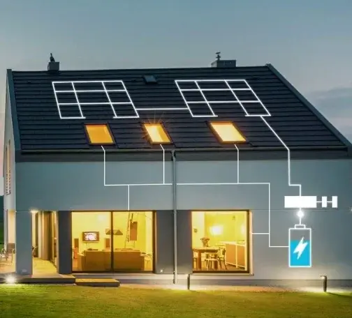 Modern house with rooftop solar panels connected to a battery storage system